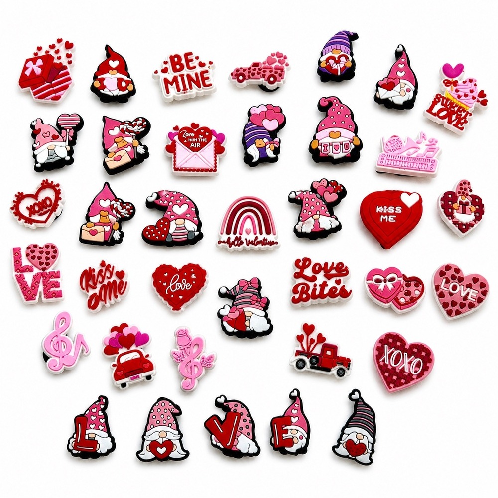 36pc Valentine's Day Shoe Charm Lot Love Hearts Gnomes Pink Red Cute Romantic